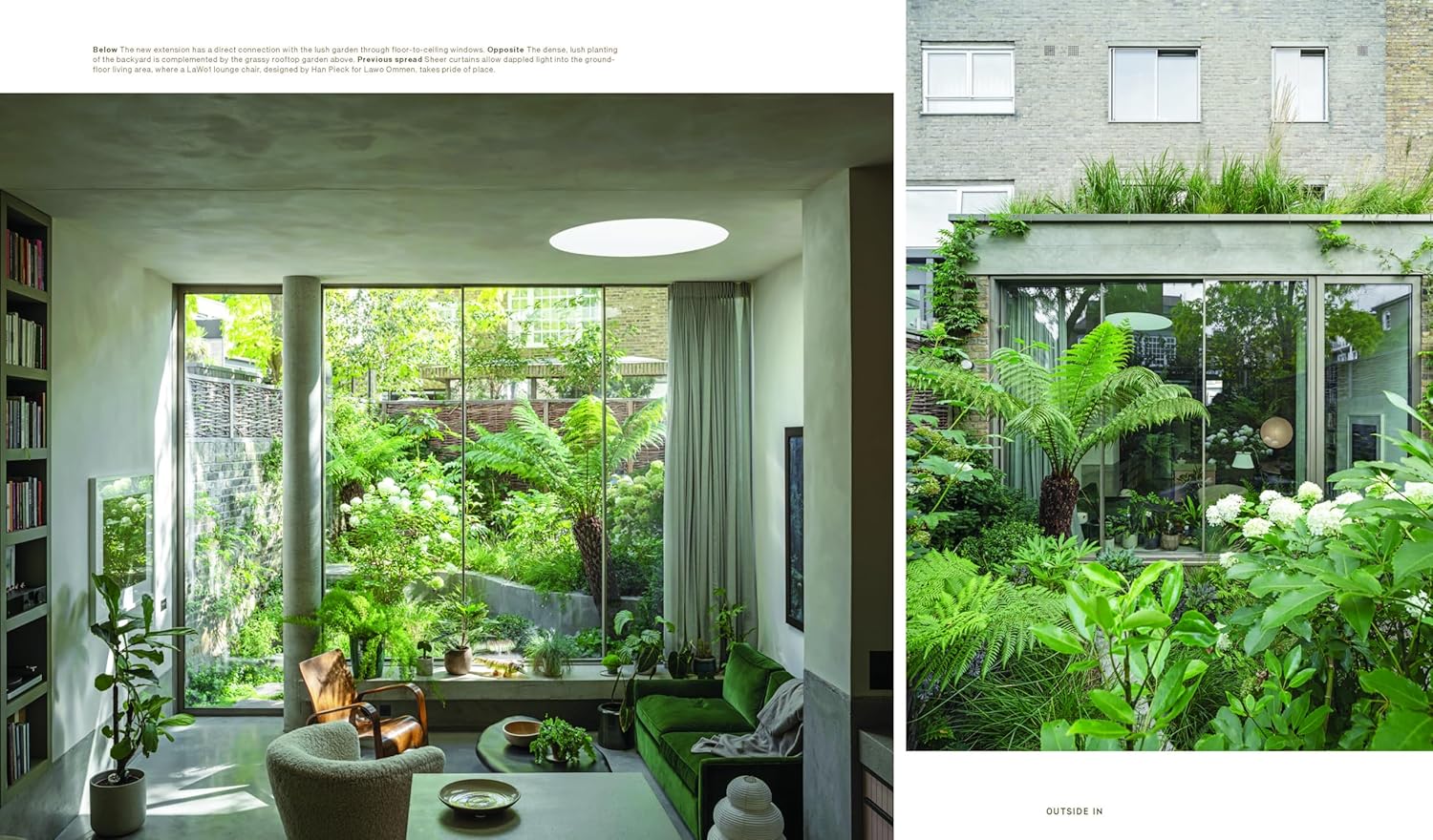 A modern living room with large windows and lush plants features in “Outside In: Thoughtful Interiors” by Random House, showcasing how natural light connects indoor spaces to gardens—perfect inspiration for any beautiful home.