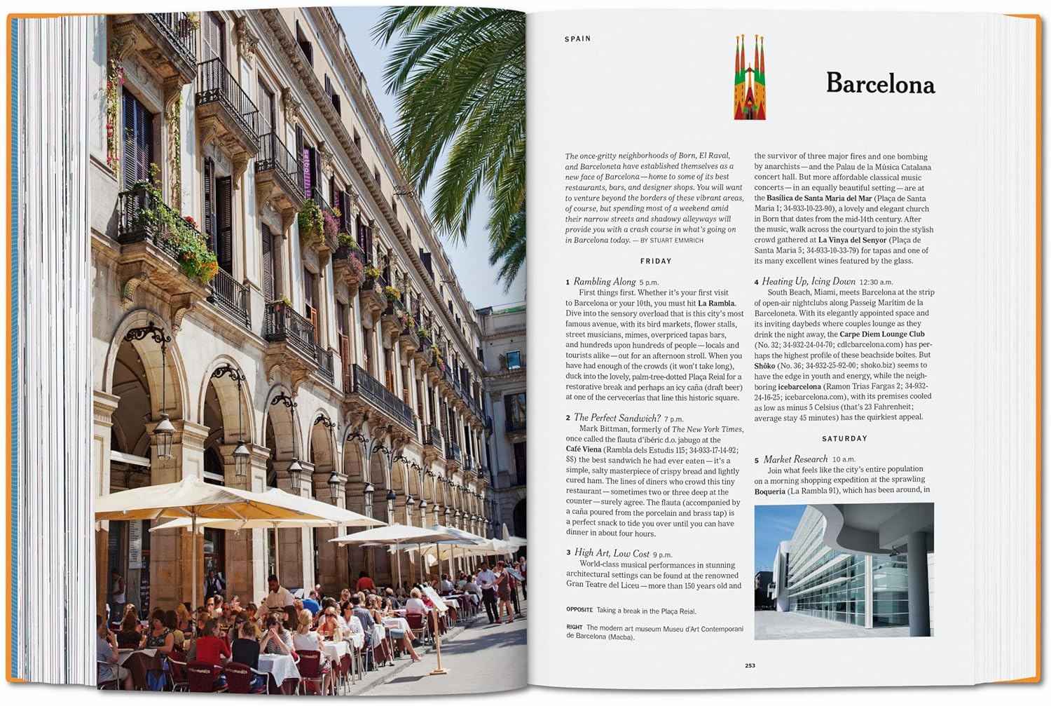 An open book—New York Times 36 Hours Europe by Ingram Book Company—shows people dining by a grand building in a sunny plaza; the other page offers Barcelona tips, colorful glass, and a modern building.