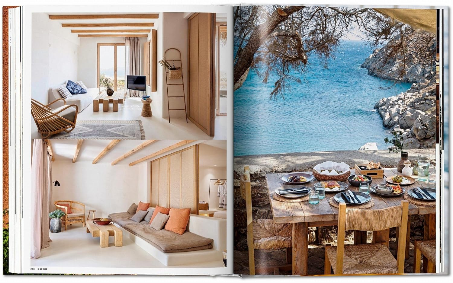 The open book "Great Escapes Mediterranean" by Ingram Book Company shows inviting sunlit hotel interiors on the left and an al fresco dining table with a view of the blue sea and cliffs on the right.