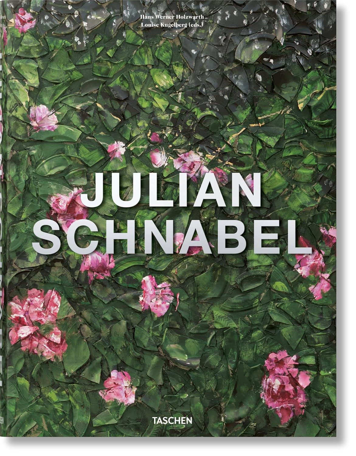 The cover of &quot;Julian Schnabel,&quot; published by Ingram Book Company, features a lush green background with pink flowers. Authors Max Werner Holzgreve and Louise Kugelberg are highlighted, capturing Schnabel&#39;s renowned creativity in broken plates art and award-winning films.