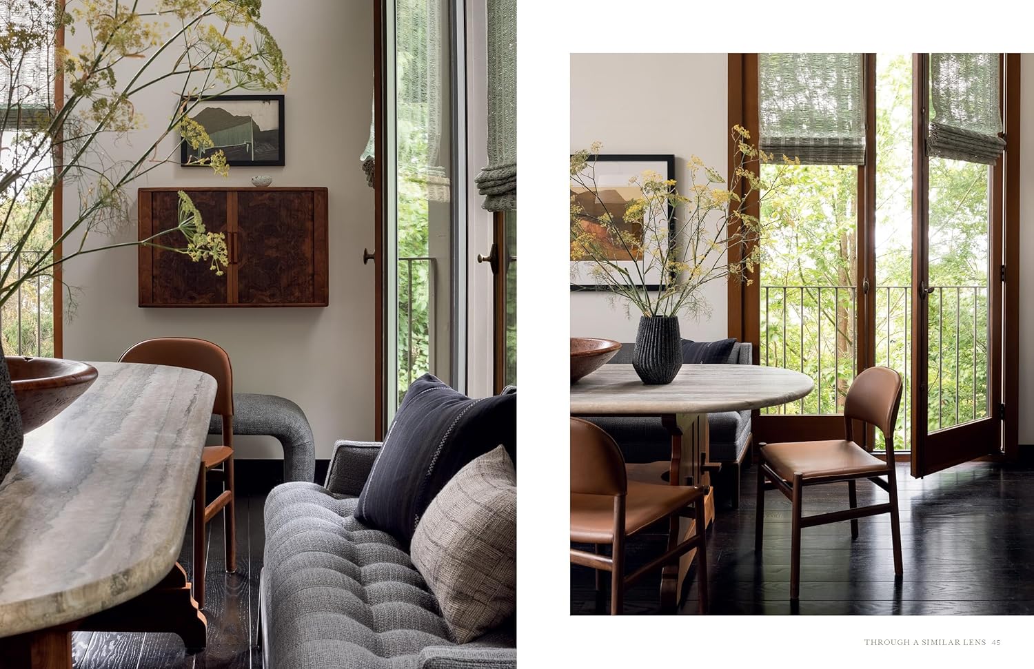 Bring nature inside with "Outside In" by Gibbs Smith Publisher—a modern dining room featuring a wooden table, leather chairs, gray sofa, and tall windows showcasing greenery, paired with minimalist decor and neutral-toned accents.