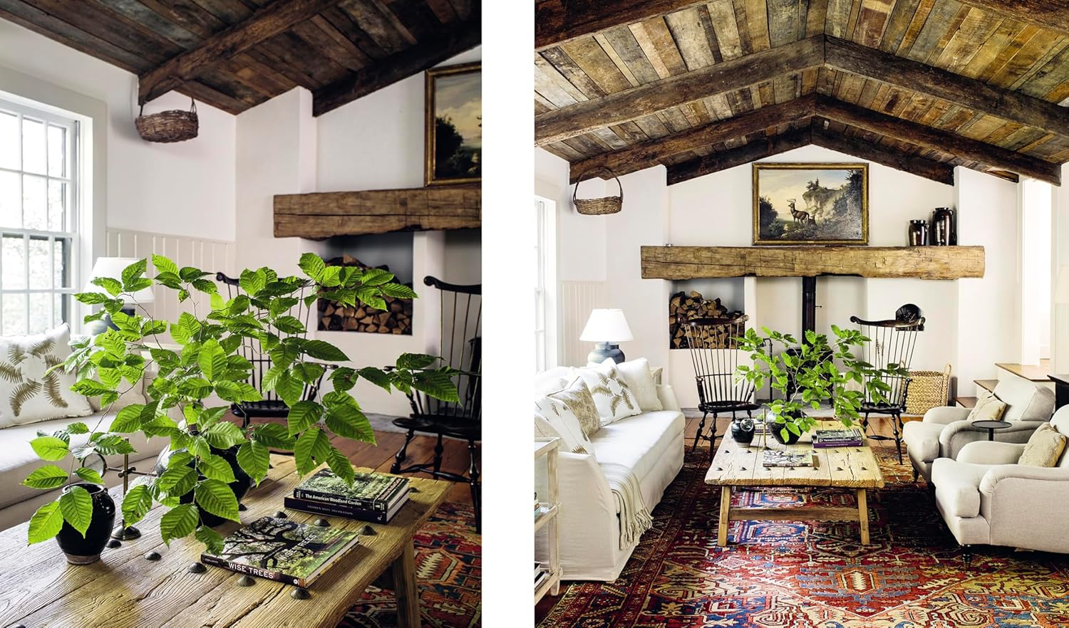 Two views of a cozy living room with wood ceilings, white sofas, a patterned rug, fireplace, and large plant on the coffee table embody the relaxed Down to Earth style by Hachette Book Group, inspired by Lauren Liess’s interiors.