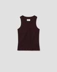 The Isabel Rib Tank F25 by Citizens Of Humanity/AGOLDE—a sleeveless, supportive, dark brown ribbed cotton tank with a high neckline—is displayed flat against a light gray background.