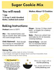 A yellow and white Wild Rye Sugar Cookie Mix recipe card shows ingredients, step-by-step baking instructions, tips for shaping, chilling, cooling buttery cookies, baking advice, and a note encouraging creative decorations.