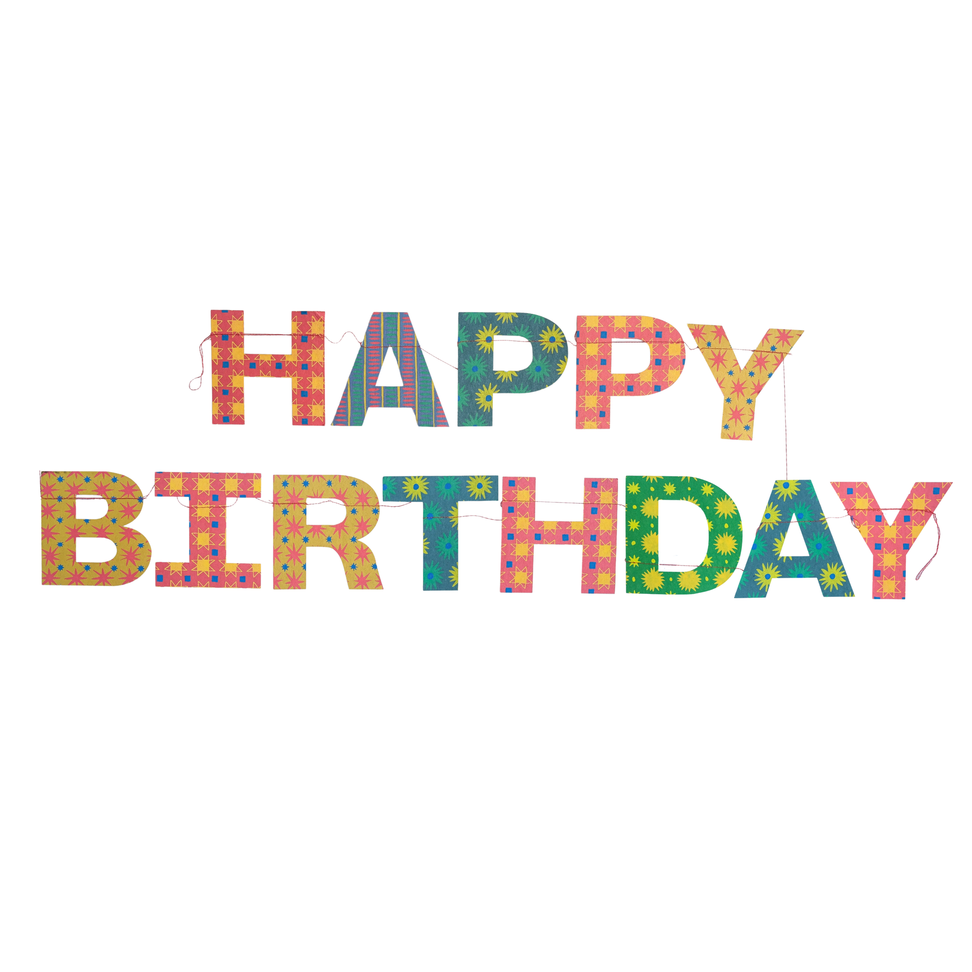 Bright, festive "HAPPY BIRTHDAY" letters with stars, stripes, and dots decorate this Paper Garland/Chains by Faire. The colorful patterns on a white background make it a cheerful party decoration.
