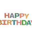 Bright, festive "HAPPY BIRTHDAY" letters with stars, stripes, and dots decorate this Paper Garland/Chains by Faire. The colorful patterns on a white background make it a cheerful party decoration.