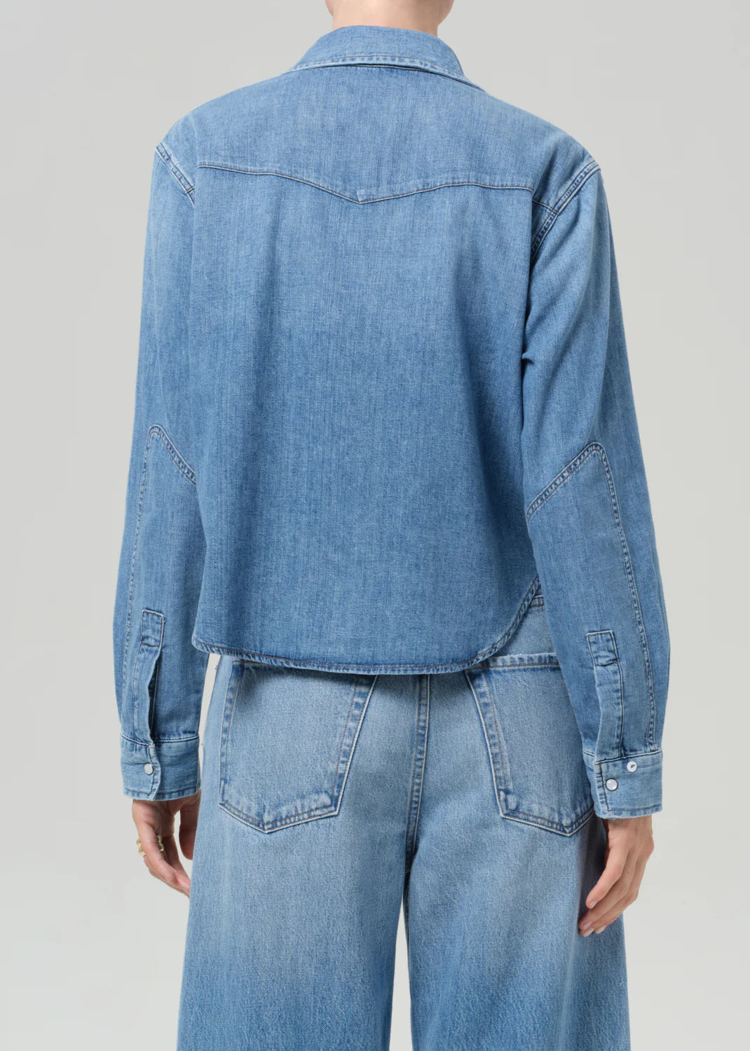 A person wearing a Citizens Of Humanity/AGOLDE cropped western shirt and matching wide-leg jeans, shown from the back against a plain light gray background.