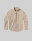 The Camilia Shirt by Citizens Of Humanity/AGOLDE features beige and white vertical stripes, long sleeves, button front, and a classic collar, shown laid flat on a light gray background.