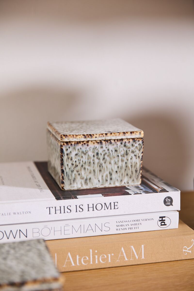 The Whisper Lidded Box by Accent Decor rests atop three books, including "This Is Home" and "Bohémians," on a wooden surface, with a softly blurred background that highlights its charm as a decorative jewelry storage piece.