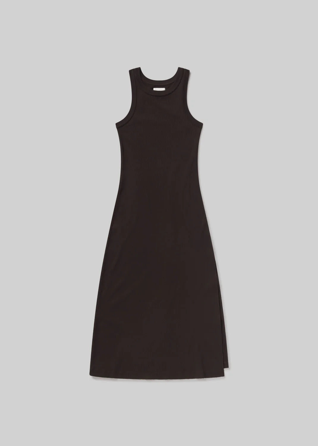 The Isabel Tank Dress by Citizens Of Humanity/AGOLDE is a sleeveless, fitted black ribbed dress with a round neckline and subtle side slit, shown laid flat on a light gray background.