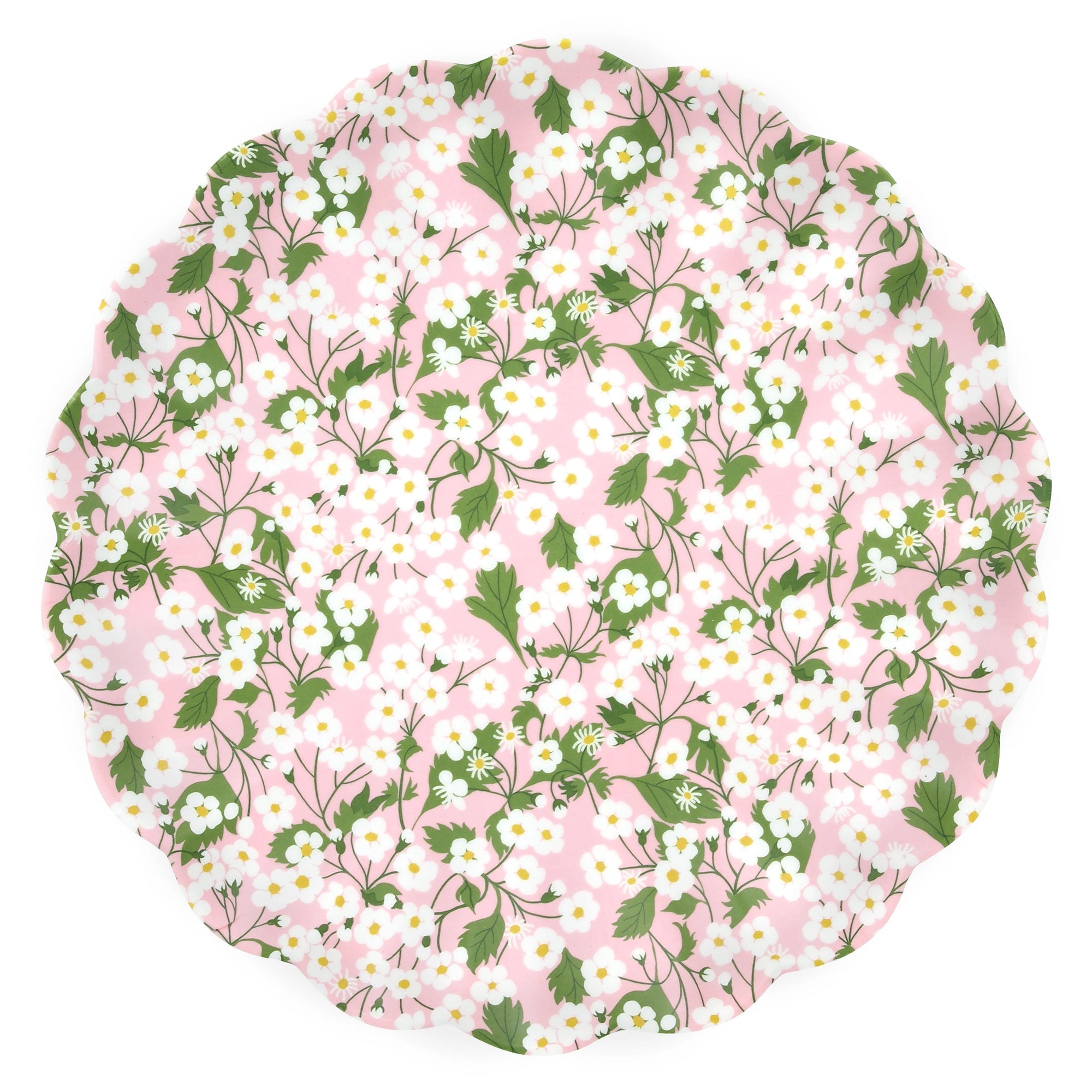 The Faire Mixed Set Reusable Large Plates feature a round melamine design with scalloped edges and a pattern of white and yellow flowers with green leaves on a pale pink background—perfect for decorative party settings.
