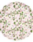 The Faire Mixed Set Reusable Large Plates feature a round melamine design with scalloped edges and a pattern of white and yellow flowers with green leaves on a pale pink background—perfect for decorative party settings.