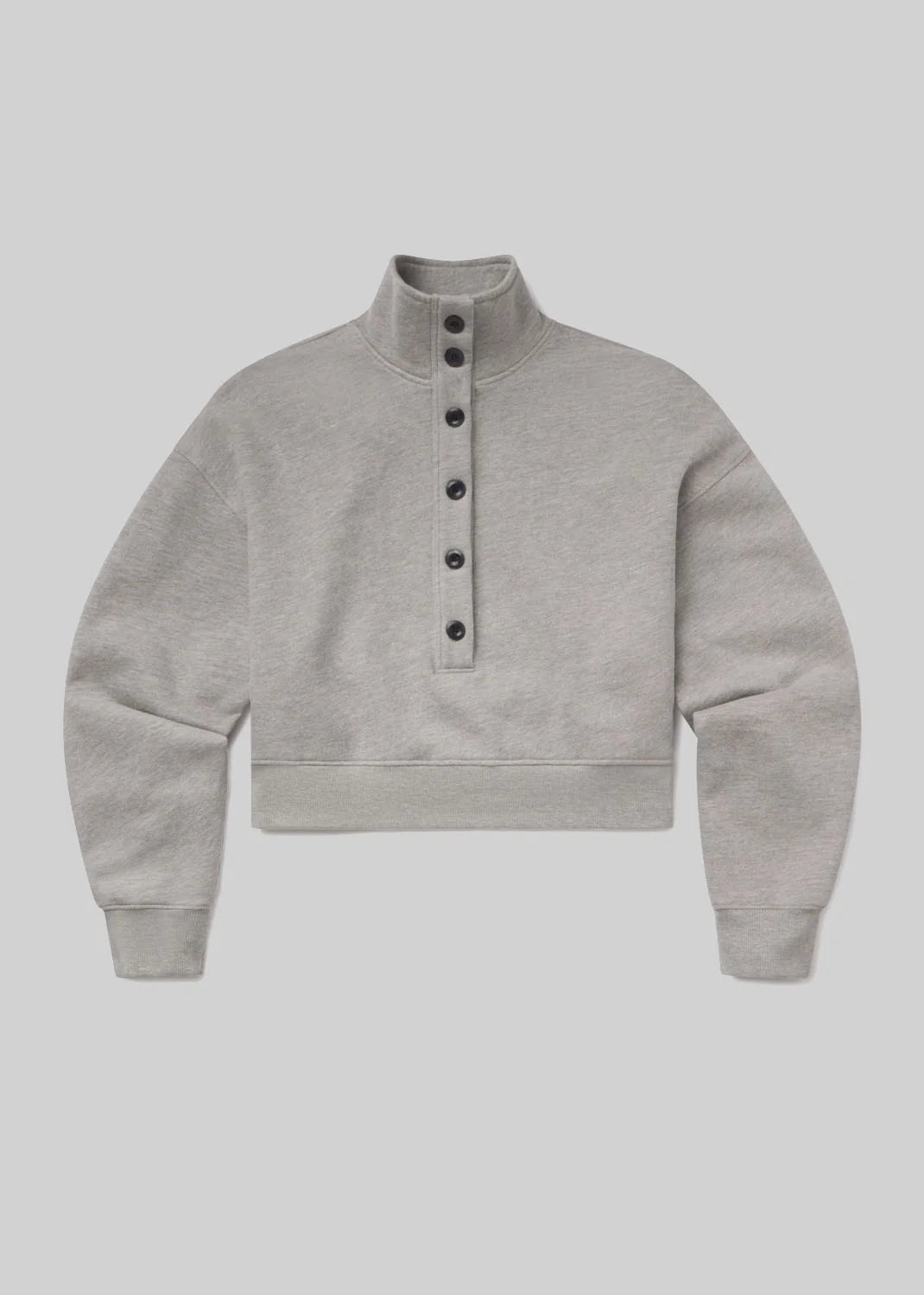 Heather grey fleece funnel neck with black buttons, Citizens of Humanity Mirelle top, cozy modern style for fall.