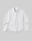 The avni slim shirt in blue micro stripe by Citizens Of Humanity/AGOLDE is a long-sleeve tailored women’s shirt with a collar and curved hem, laid flat on a light gray background, crafted from lightweight Italian shirting.