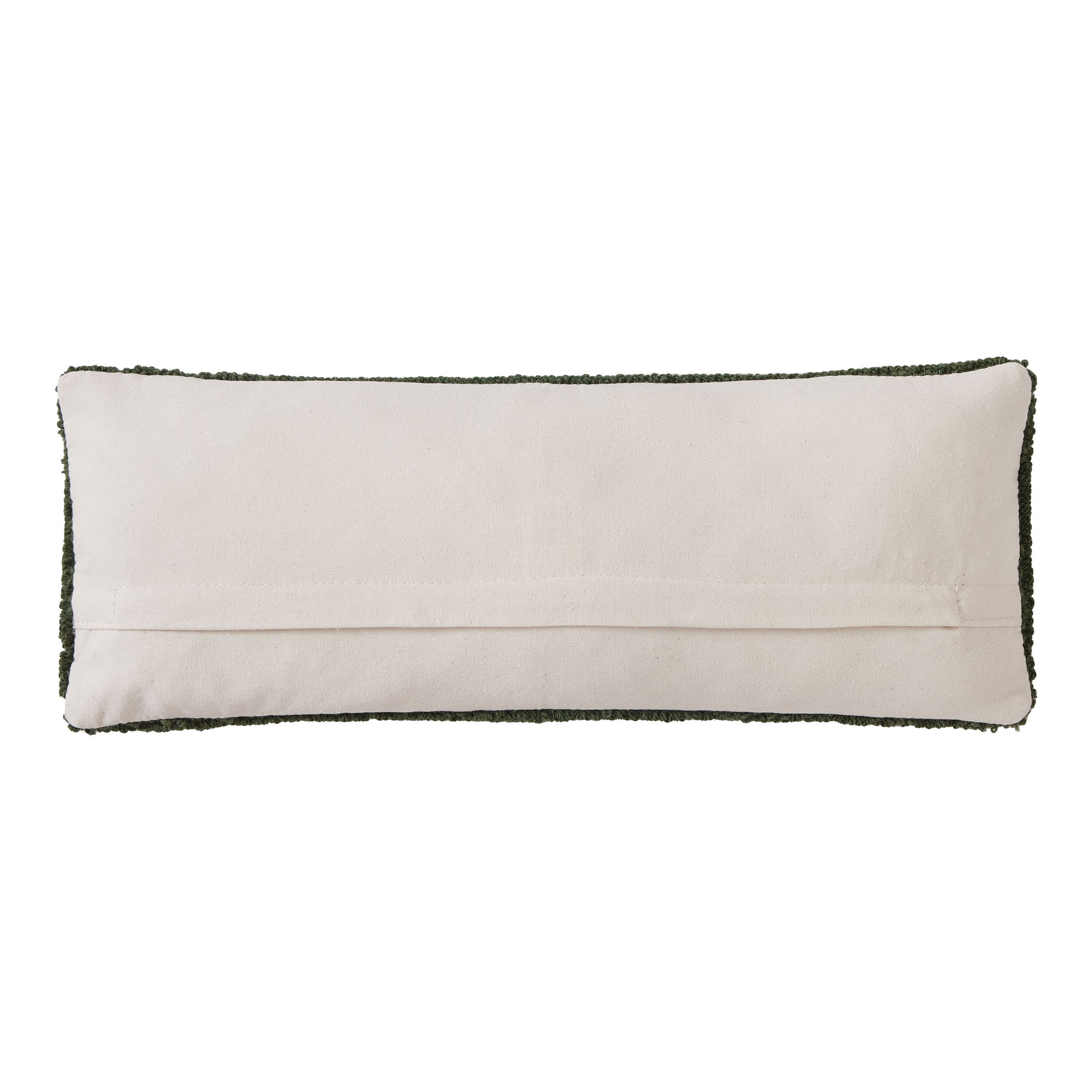 The CAMP WANDAWEGA TROUT PILLOW by Faire is a rectangular, cream-colored hand-hooked pillow with a horizontal seam on the back, shown on a plain white background.