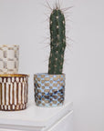 A tall cactus sits in the Accent Decor Anselm Pot Blue, a ceramic planter with blue and beige patterns, displayed on a white pedestal. Two geometric artisanal pots appear partially on the left against a plain white background.
