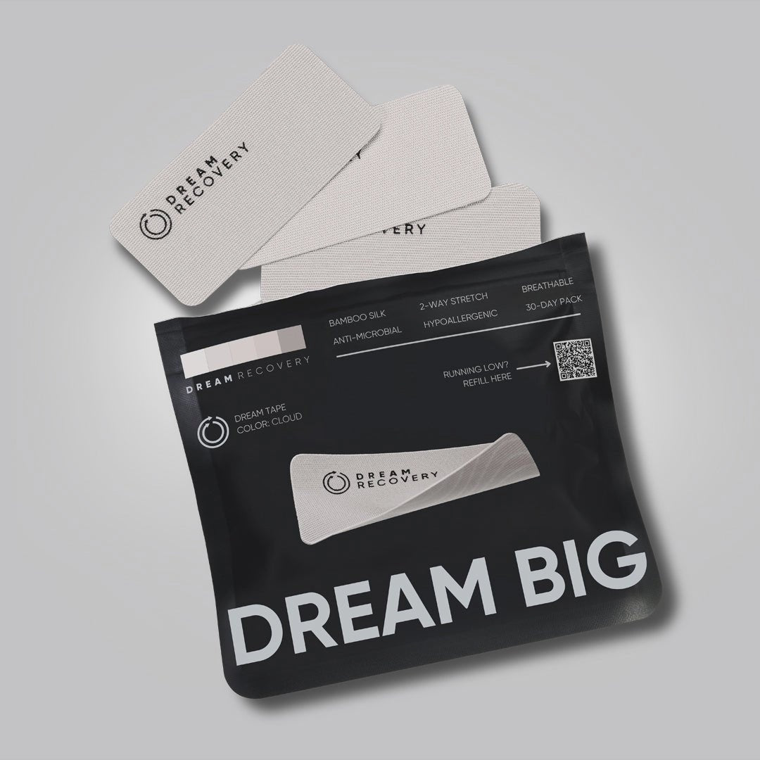 A black package labeled "DREAM BIG" contains bamboo silk Dream Strips by Faire, designed to improve sleep. They are breathable, hypoallergenic, and antimicrobial, suitable for 30-day use. Three patches are depicted.