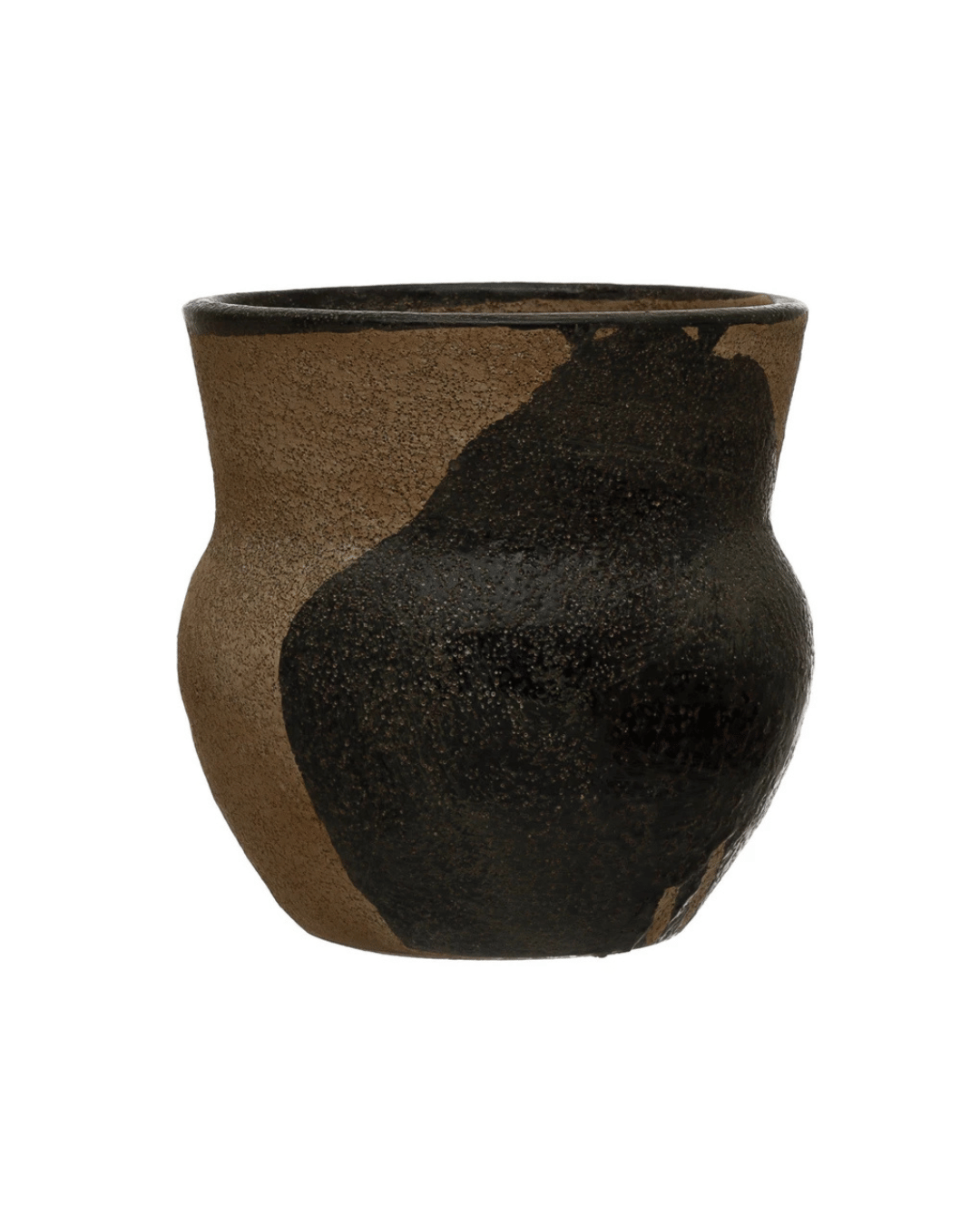 The Bloomingville Terracotta Planter with Design features a textured ceramic vase with a rounded body, narrow mouth, and natural brown finish accented by asymmetrical dark patches. Its rustic charm makes it an ideal boho addition for unique decor.