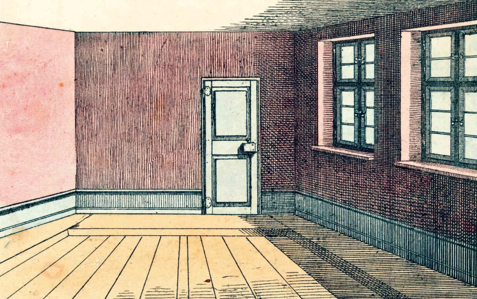Colored illustration of an empty room with wooden floors, red walls, a white door, and sunlit windows—evoking the artistry found in the John Derian Picture Book by Hachette Book Group.