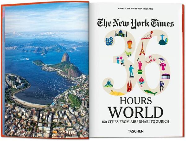 An open book shows a Rio de Janeiro photo and the cover of "New York Times 36 Hours World 150 Cities" by Ingram Book Company, ideal for planning international city trips.