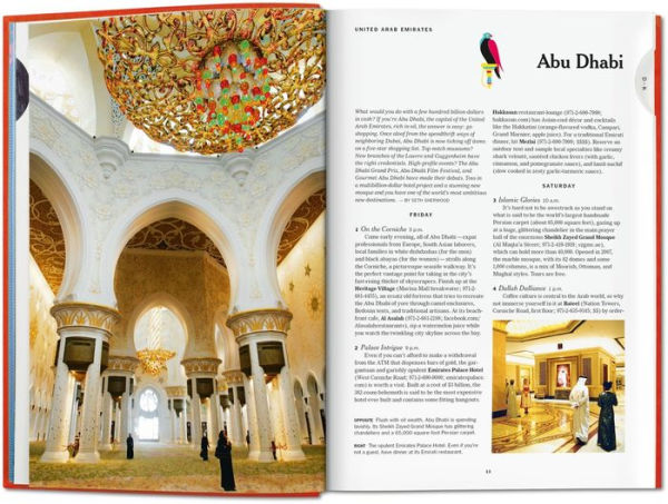 An open copy of "New York Times 36 Hours World 150 Cities" by Ingram Book Company shows a photo of Sheikh Zayed Grand Mosque’s interior on the left and Abu Dhabi travel text with images on the right.