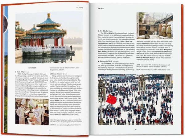 An open book from Ingram Book Company's "New York Times 36 Hours World 150 Cities" shows photos of a Chinese pavilion, chefs, and a street market with travel info on Beijing and China.