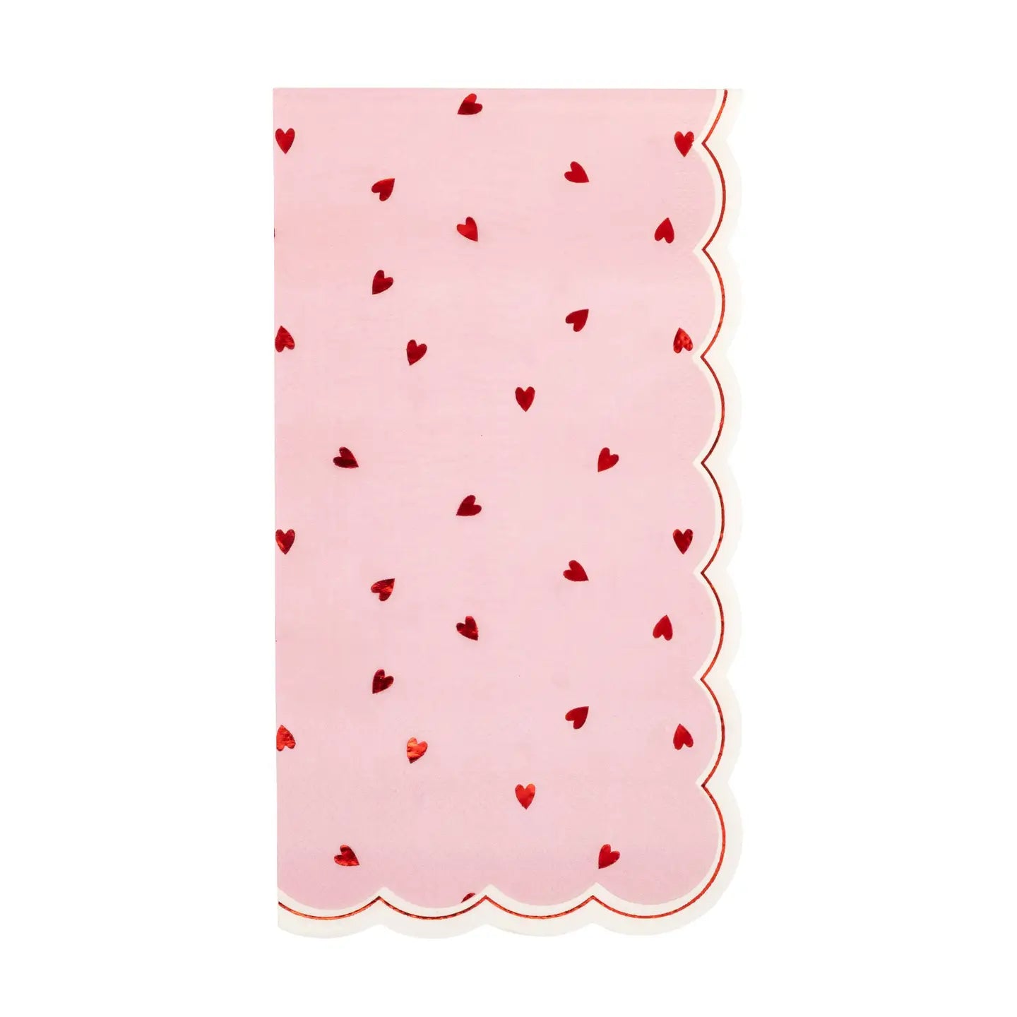 The My Mind's Eye Guest/Dinner Napkin features a rectangular pink design with scalloped edges and small red hearts, making it the perfect disposable napkin for any party.