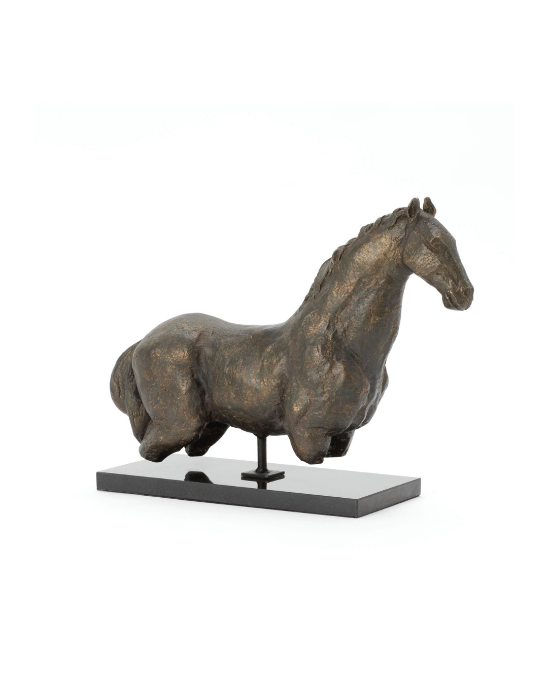 Global Views' Horse Sculpture features an iron figure of a robust horse with a short mane and tail standing on a sleek granite base, facing slightly right. This design captures elegance and strength timelessly.
