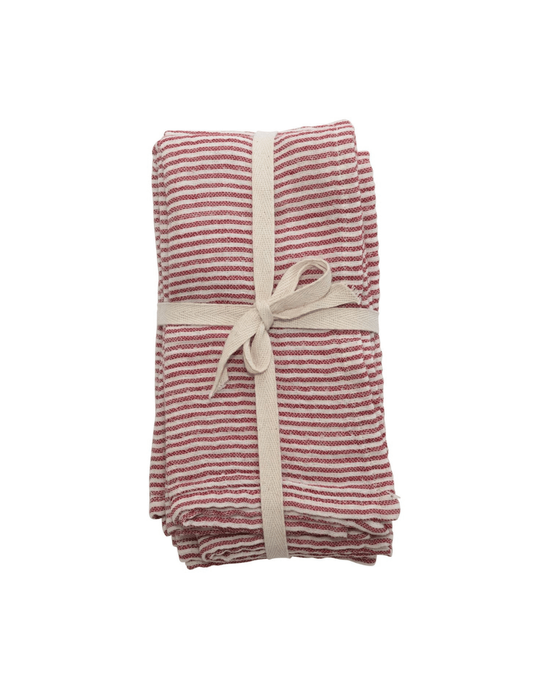 A folded napkin from Creative Co-op's Red/white Napkins S/4 collection, featuring narrow red and cream stripes horizontally running across it, tied with a beige ribbon and placed against a plain white background. The design evokes the classic charm of Christmas dining essentials.