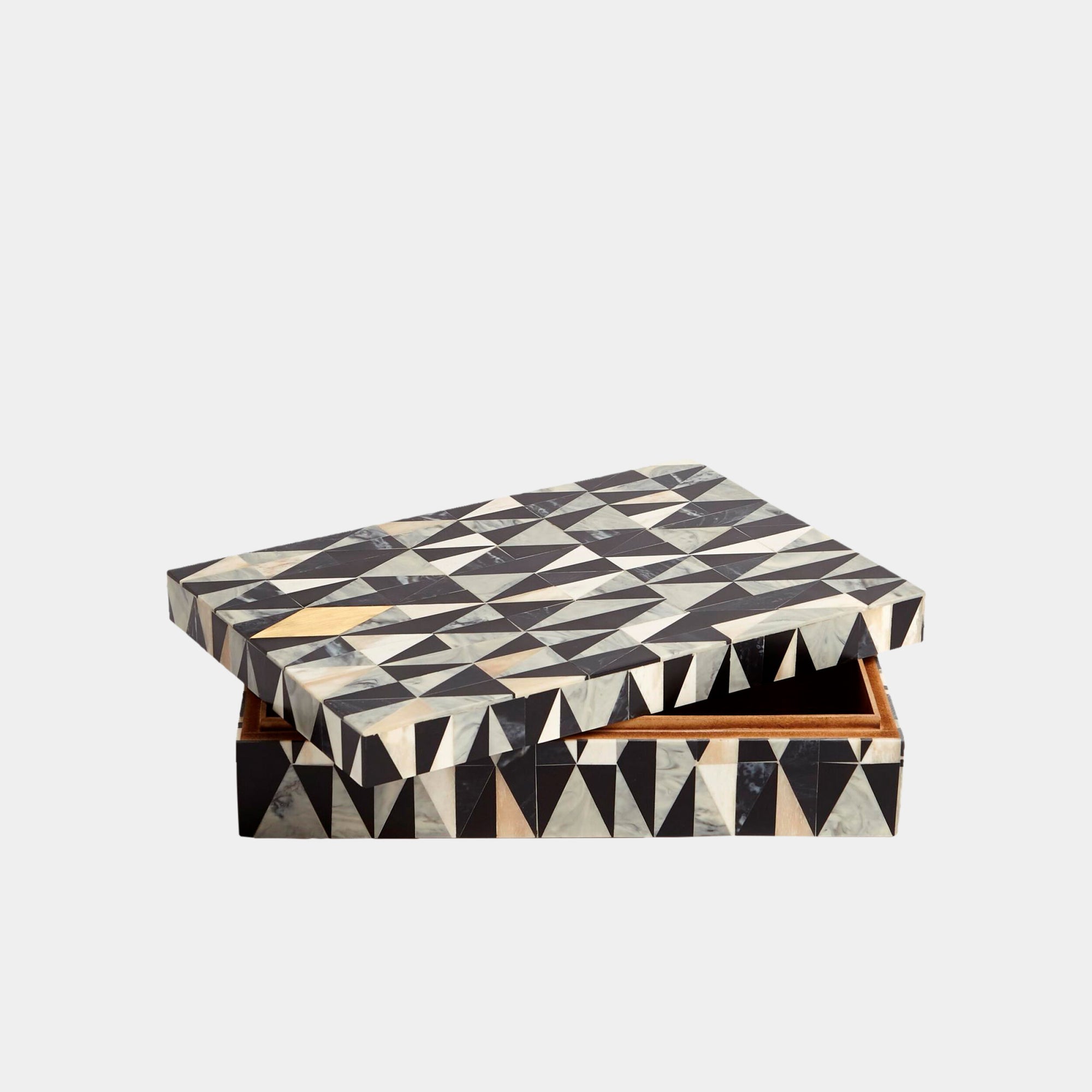 The Calisson Diamond Box S by Global Views is a rectangular MDF decorative box with a partially open lid, featuring a black, white, and beige geometric exterior and a light wood-toned interior.