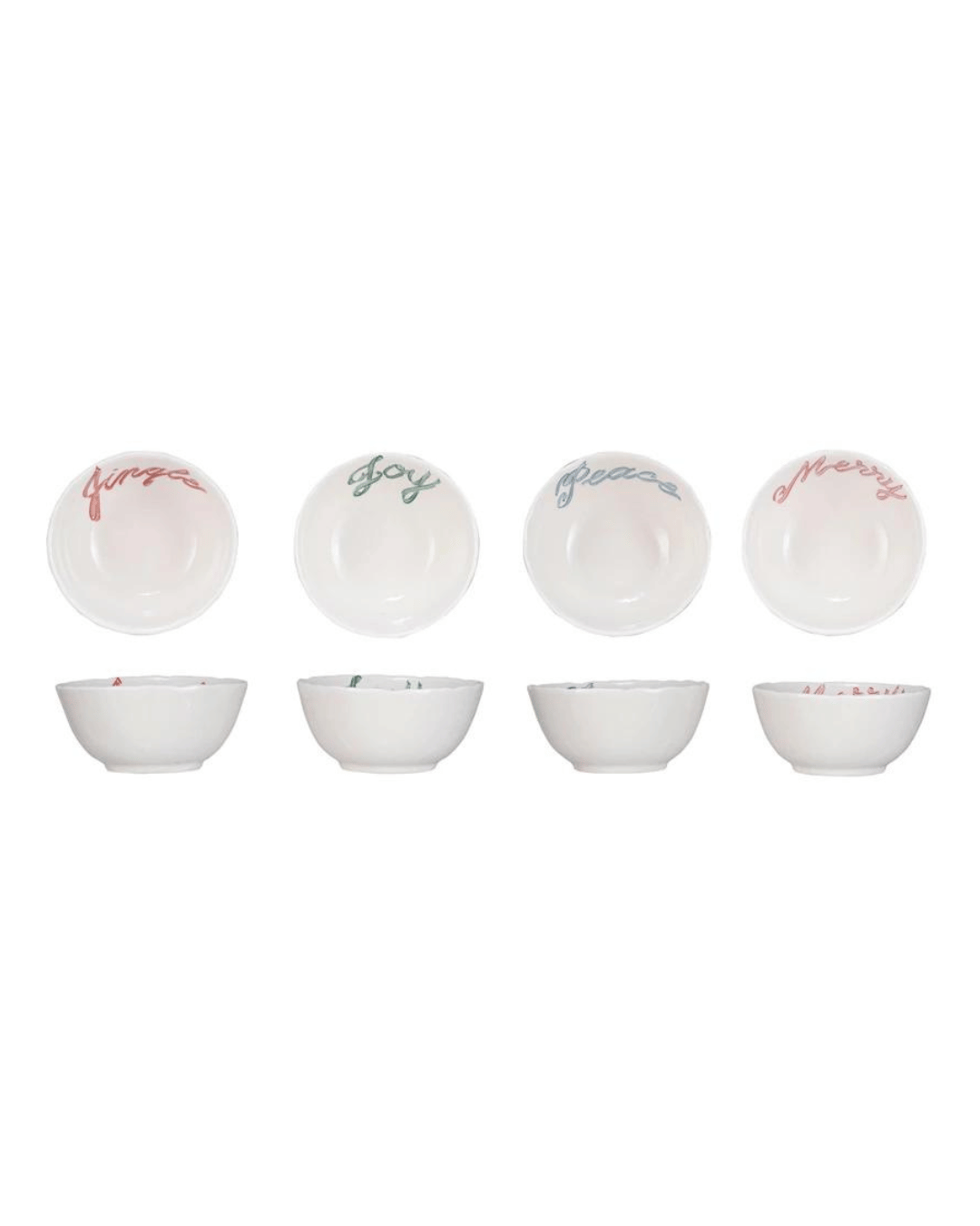 A set of four "Round Bowl" stoneware pieces from Creative Co-op, featuring festive holiday words in cursive on the inside: "Merry" in red, "Joy" in green, "Peace" in blue, and "Happy" in red. The interior surfaces showcase these stylish inscriptions, while the exteriors remain a simple white.