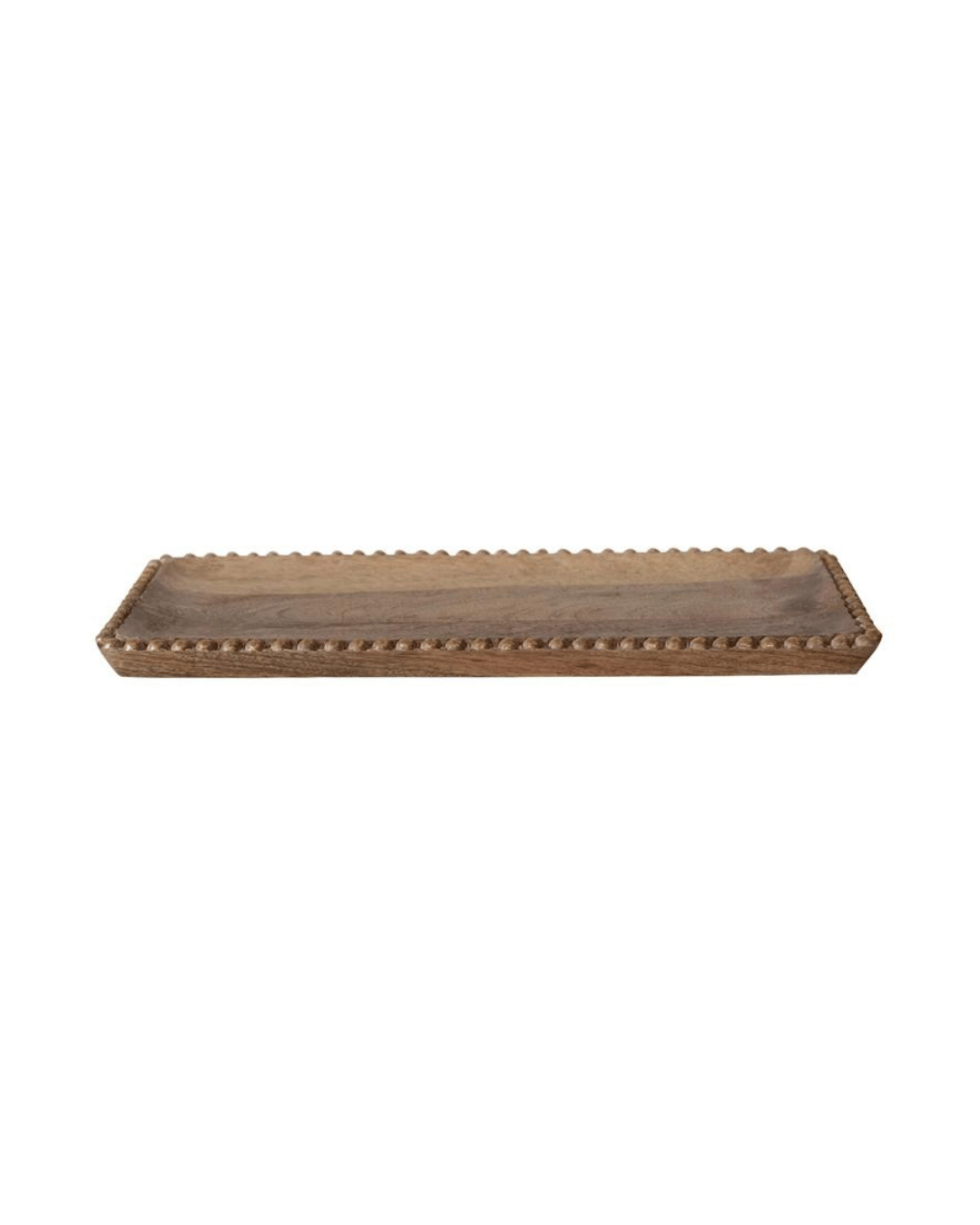 Introducing the Creative Co-op Wood Tray w/ Wood Beads: a rectangular, carved mango wood tray highlighted by intricate beadwork-adorned edges. It boasts a rustic and natural finish, a slightly textured surface, and a subtle lip around the perimeter. Set against a plain white background, this tray is truly the focal point of any setting.