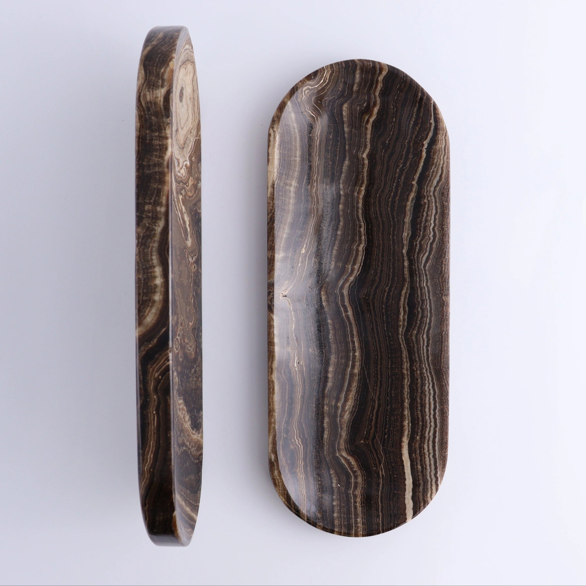 Chocolate Onyx Oval Dish with swirling wood grain by The Faire, handcrafted decorative accent for dining or display.