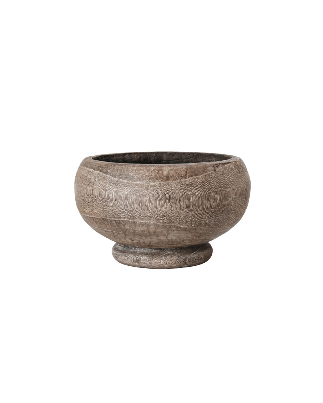 The Paulownia Wood Planter by Creative Co-op, featuring a refined stained finish, is a textured round wooden bowl with a wide rim and small base. Its natural brown color and visible wood grain patterns stand out against a plain white background.