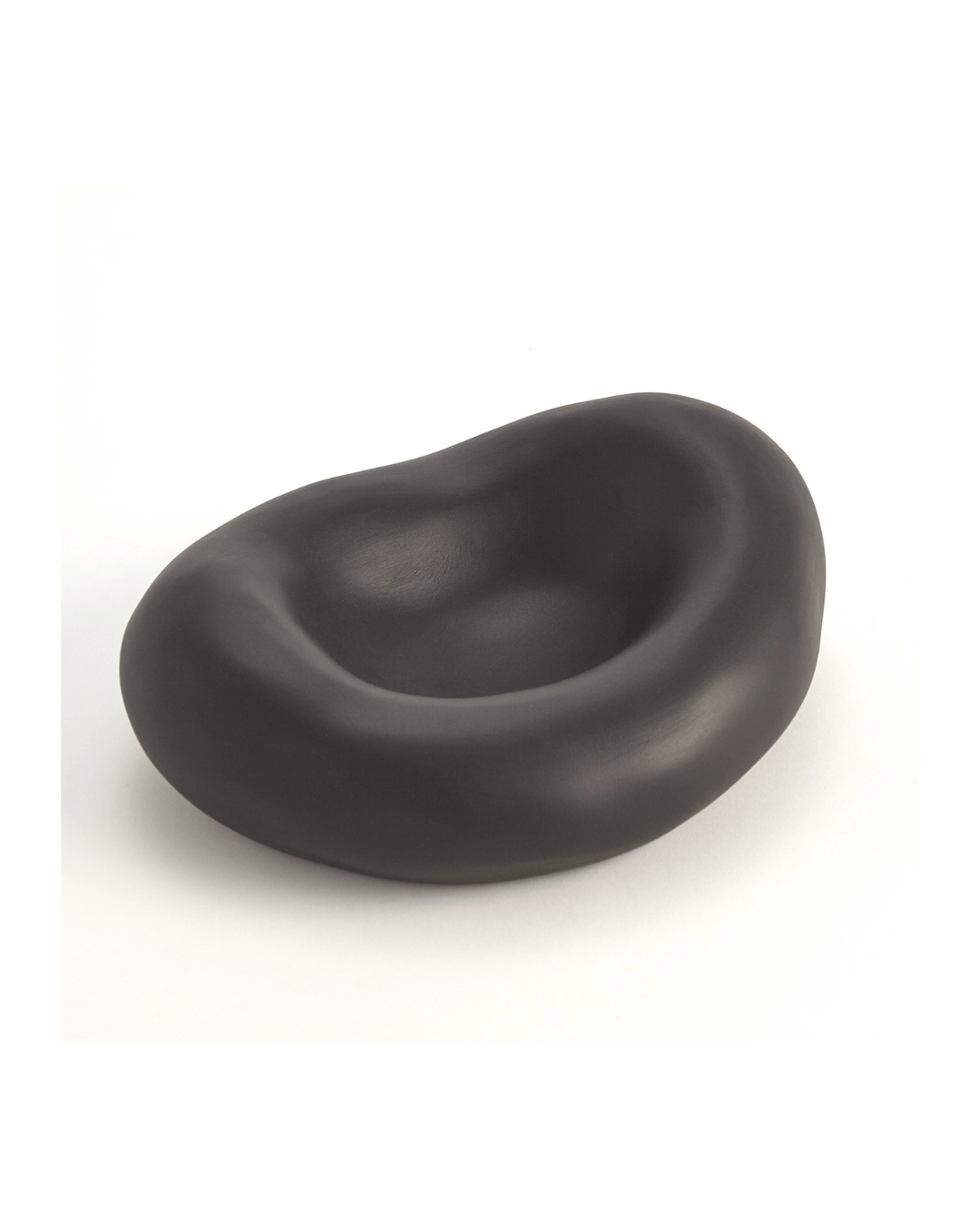 The Balloon Bowl-Matte Black-Large by Global Views is a black, abstract, pebble-shaped ceramic bowl with a smooth surface and matte finish. Its unique, organic form hints at Italian craftsmanship and sits elegantly against a white background.