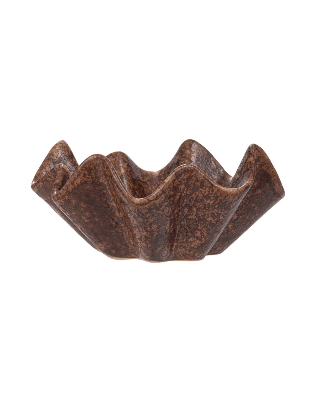 The Stoneware Pleated Dish by Creative Co-op is a brown dish with a wavy, undulating rim and textured finish. Its reactive glaze creates a floral or ruffled design, lending it a decorative and artistic look.