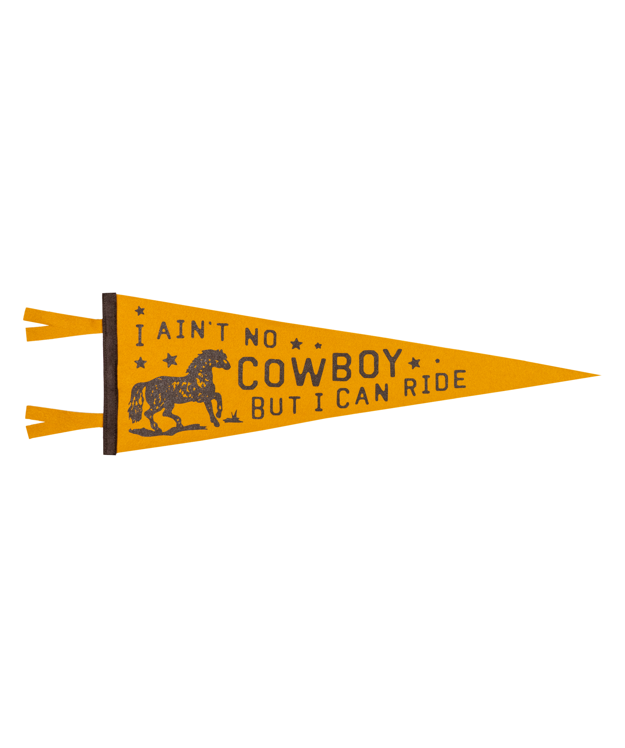 The Faire "I Ain't No Cowboy Pennant" features gold felt, black text saying "I ain't no cowboy but I can ride," a hand-drawn horse, stars, and pays tribute to Jason Isbell.