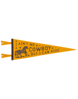 The Faire "I Ain't No Cowboy Pennant" features gold felt, black text saying "I ain't no cowboy but I can ride," a hand-drawn horse, stars, and pays tribute to Jason Isbell.