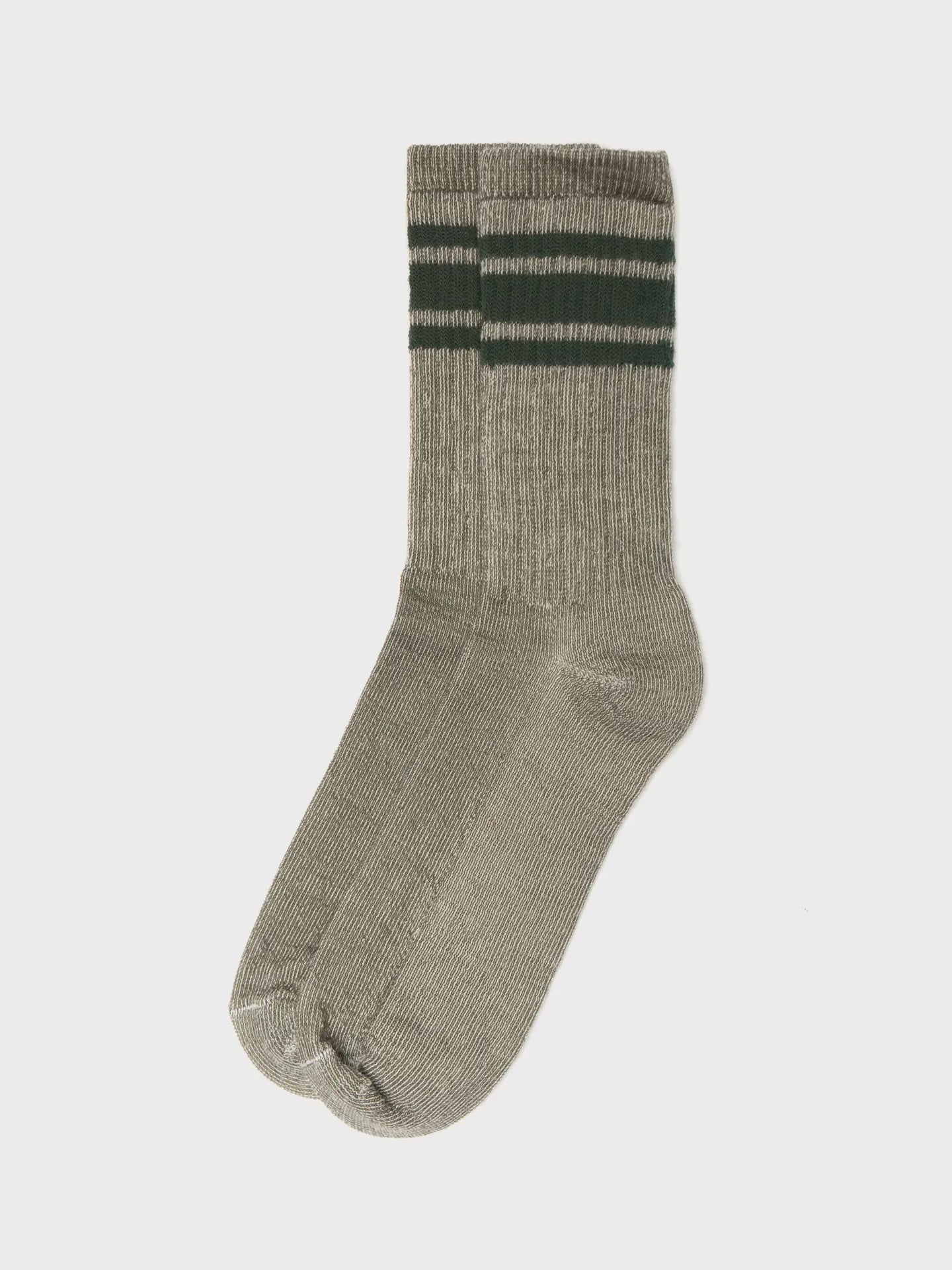 Faire Merino Socks in olive-green with two dark green horizontal stripes near the top, shown laid flat on a white background.