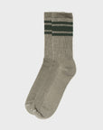 Faire Merino Socks in olive-green with two dark green horizontal stripes near the top, shown laid flat on a white background.