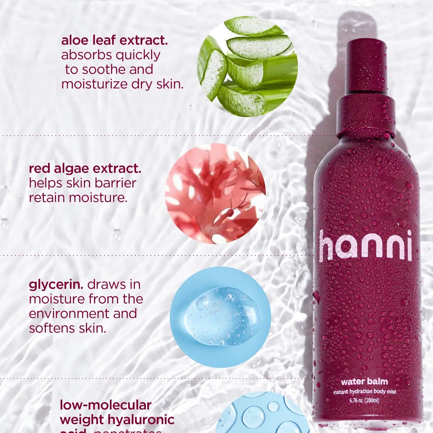 A bottle of Faire's Hanni Water Balm floats on water, featuring nourishing ingredients like aloe leaf extract, red algae, glycerin, and hyaluronic acid for effective hydration. Vibrant graphics highlight their moisturizing benefits.