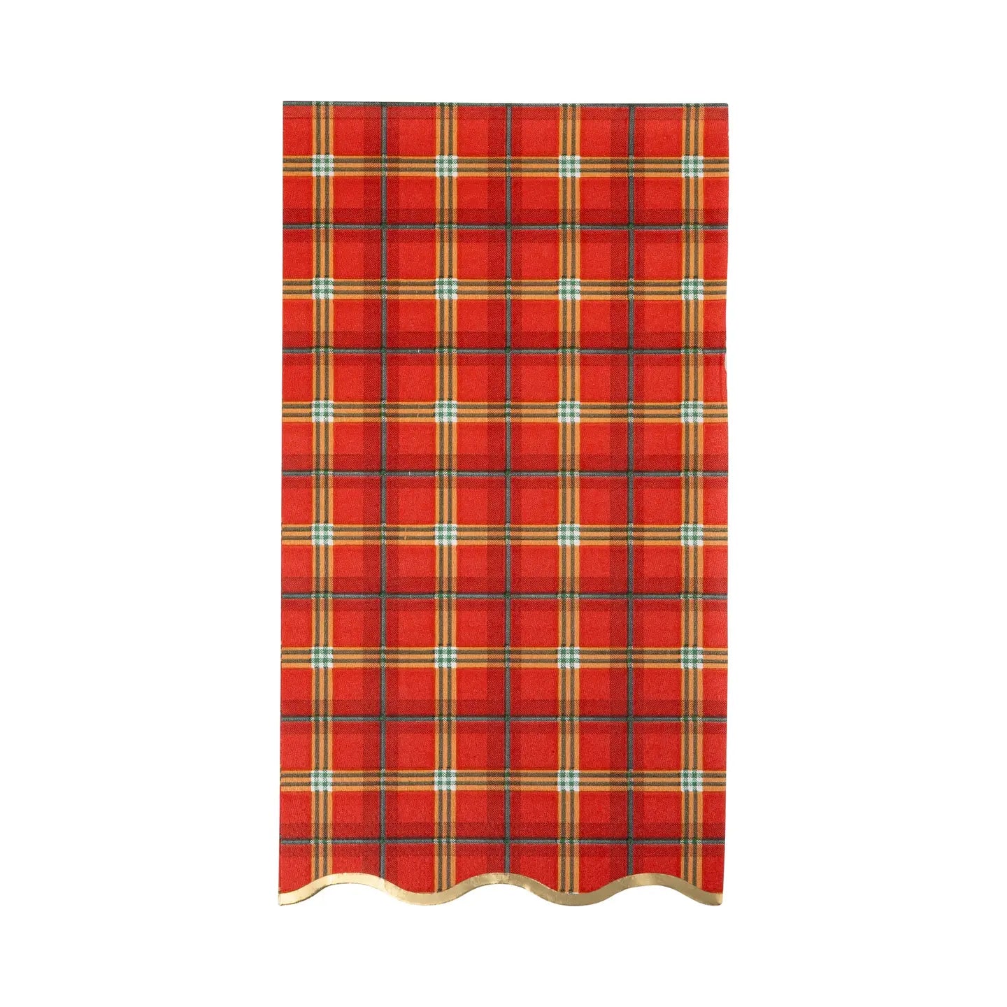 The My Mind's Eye Christmas Dinner Napkin features a rectangular red plaid fabric with yellow and white stripes and a scalloped edge, perfect for adding festive charm to your holiday table decor.