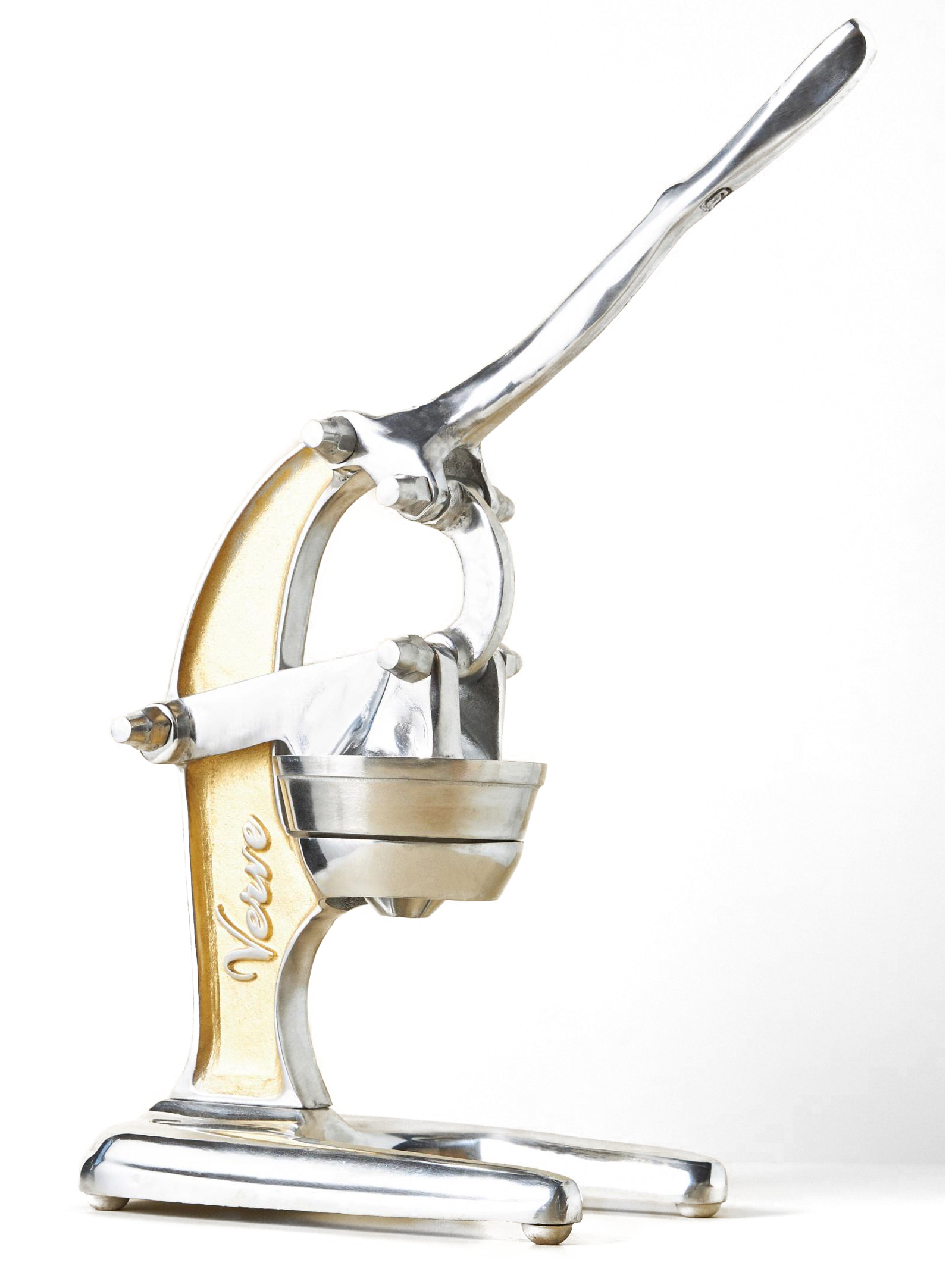 The handcrafted Mexican Citrus Juicer by Faire, made from recycled aluminum, boasts a long handle and a gold "Veve" accent. Its cup-like fruit base elegantly rests flat against a white background.