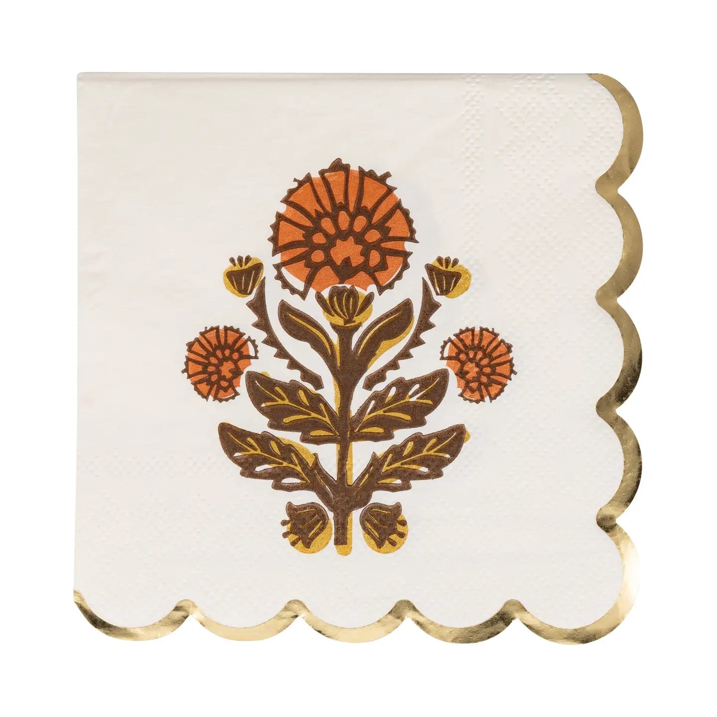 The My Mind&#39;s Eye Cocktail Paper Napkin is white with scalloped, gold-trimmed edges and an orange and brown floral design—ideal as festive holiday napkins for your summer BBQ.