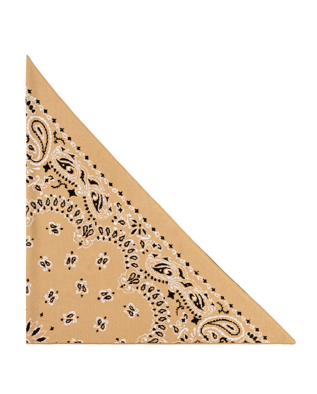 The Great Inc.'s The Big Bandana Scarf in tan, showcasing a black and white paisley print, is folded into a triangle and displayed on a plain white background.