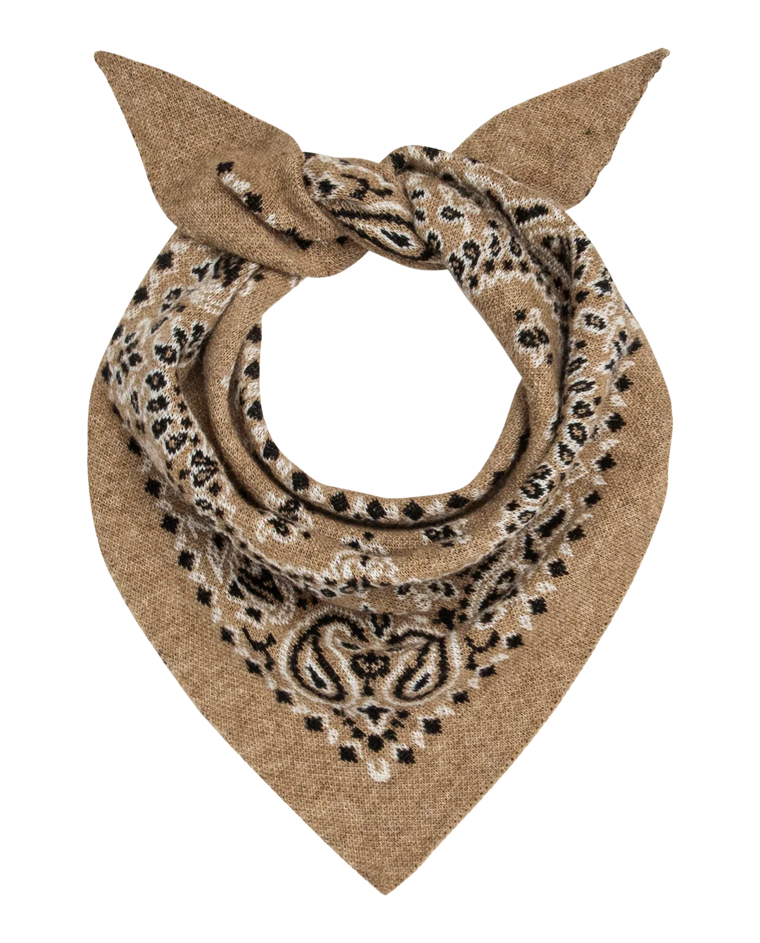 The Bandana Kerchief by The Great Inc. features a brown fabric with a black and white paisley pattern, tied at the top in a loose knot. Its textured, triangular design adds vintage Americana style to any look.