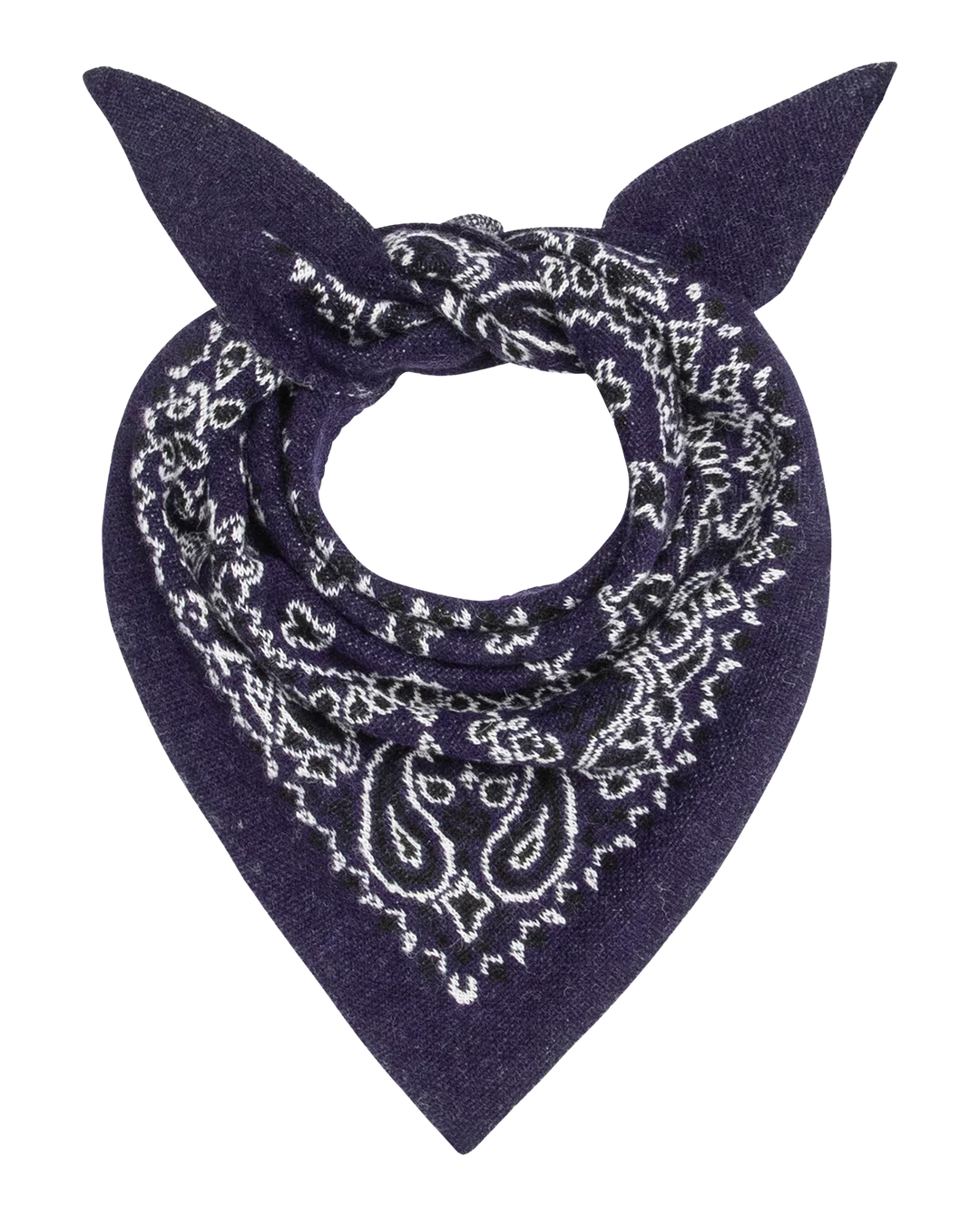 The Bandana Kerchief by The Great Inc. features a dark purple hue with a white paisley pattern, folded into a triangle and tied with two pointed ends for vintage Americana flair.