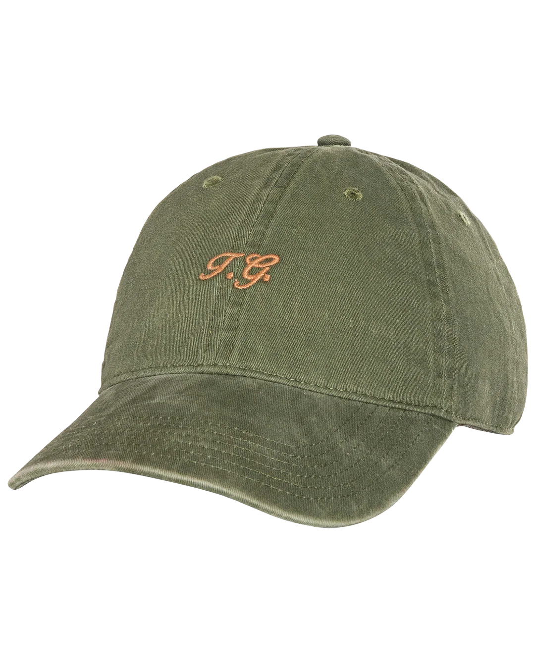 The Great Inc.'s Classic Baseball Hat features olive green cotton, yellow vintage "TG" embroidery on the front, a curved brim, visible stitching, and an adjustable closure for a comfortable fit.