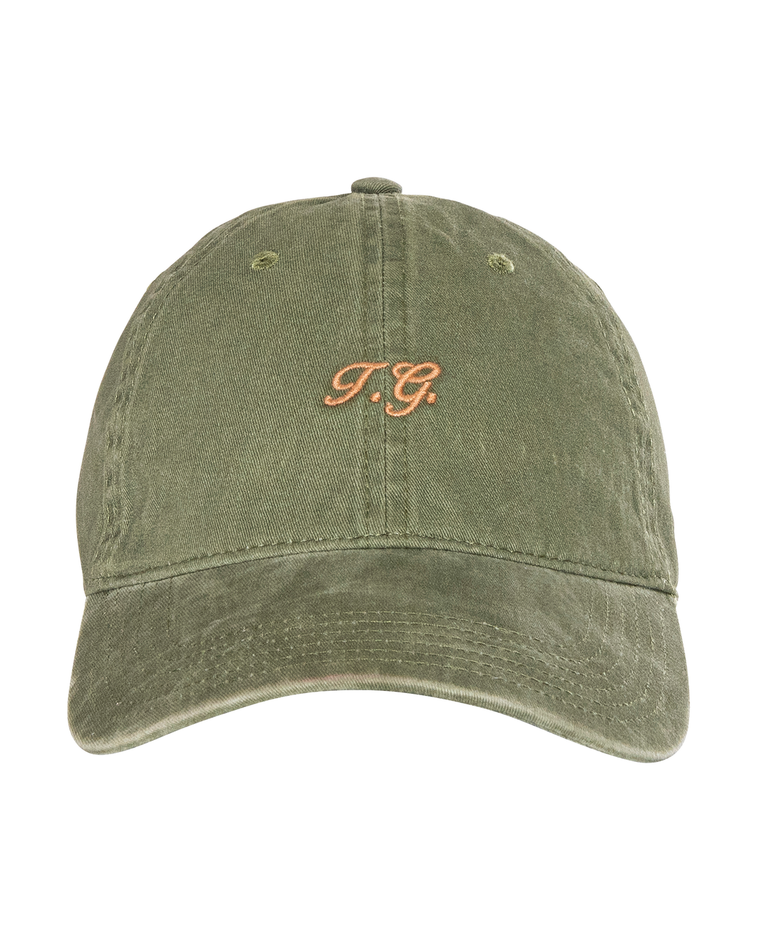 The Classic Baseball Hat by The Great Inc. comes in olive green with a curved brim, tan "T.G." vintage embroidery on the front, and an adjustable back for a perfect fit.