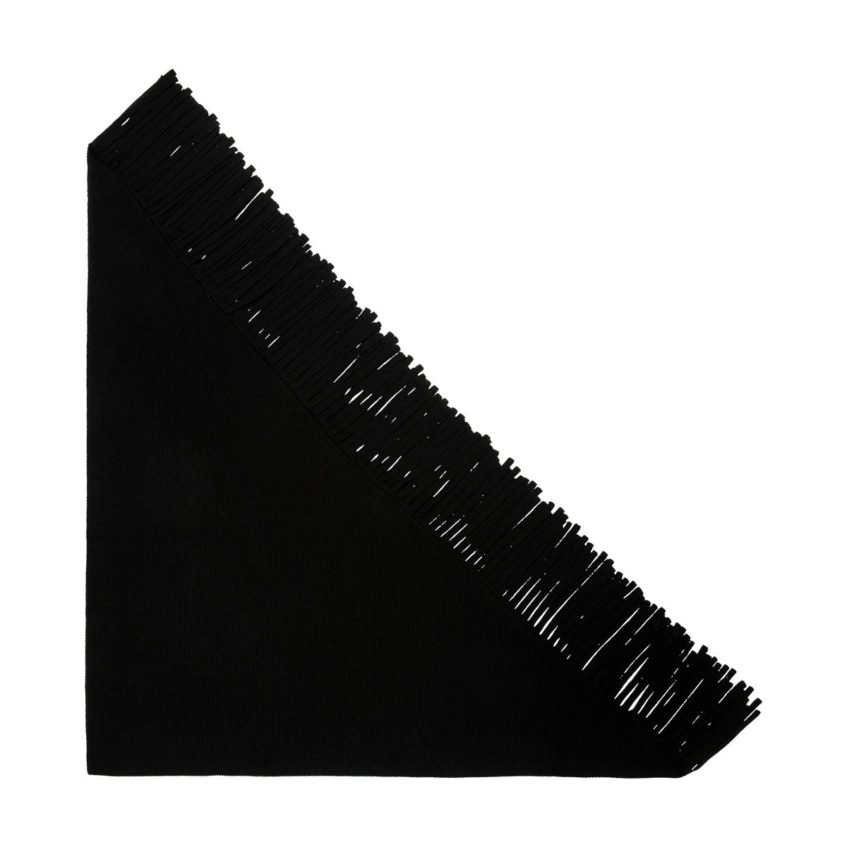 Black oversized scarf with diagonal fringe, by The Great Inc., Big Sweater Fringe Scarf on white background.